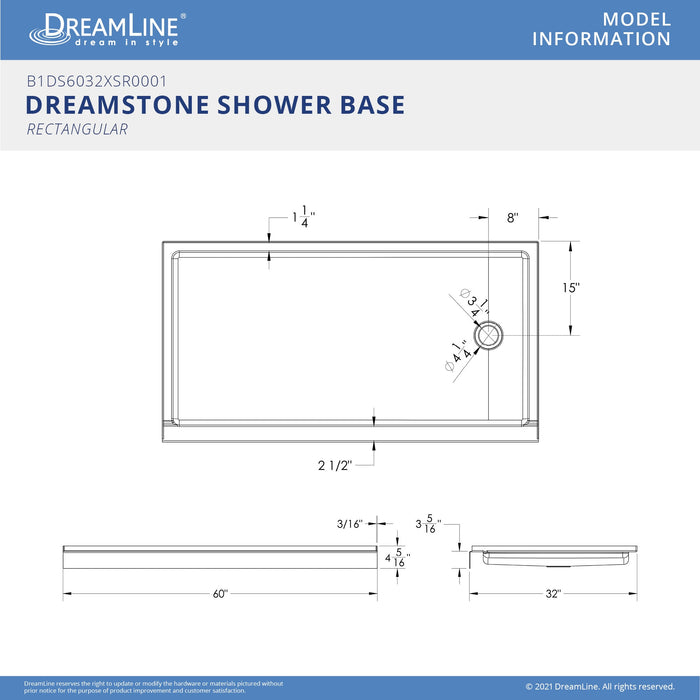 DreamLine BWDS6032SMR0001 DreamStone 32"D x 60"W Shower Base and Wall Kit in White Modern Subway Pattern