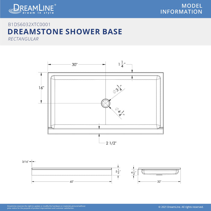 DreamLine BWDS60321MC0001 DreamStone 32"D x 60"W Shower Base and Wall Kit in White Modern Subway Pattern