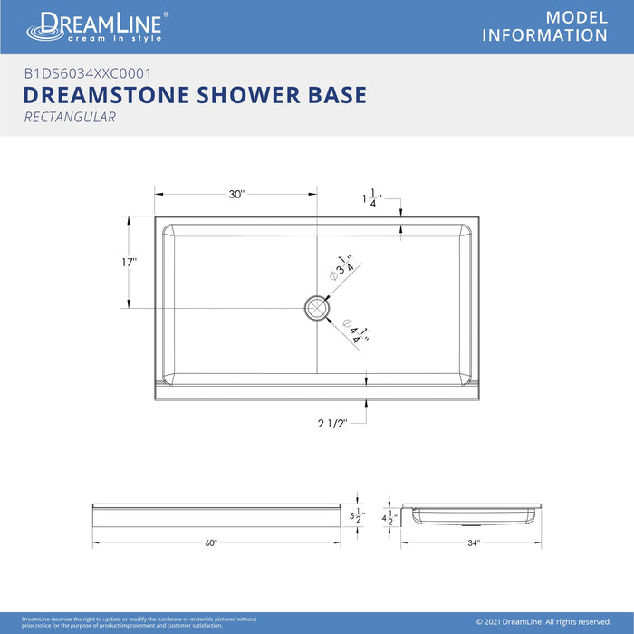 DreamLine BWDS60341TC0001 DreamStone 34"D x 60"W Shower Base and Wall Kit in White Traditional Subway Pattern