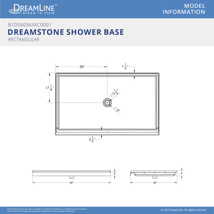DreamLine BWDS60361MC0001 DreamStone 36"D x 60"W Shower Base and Wall Kit in White Modern Subway Pattern