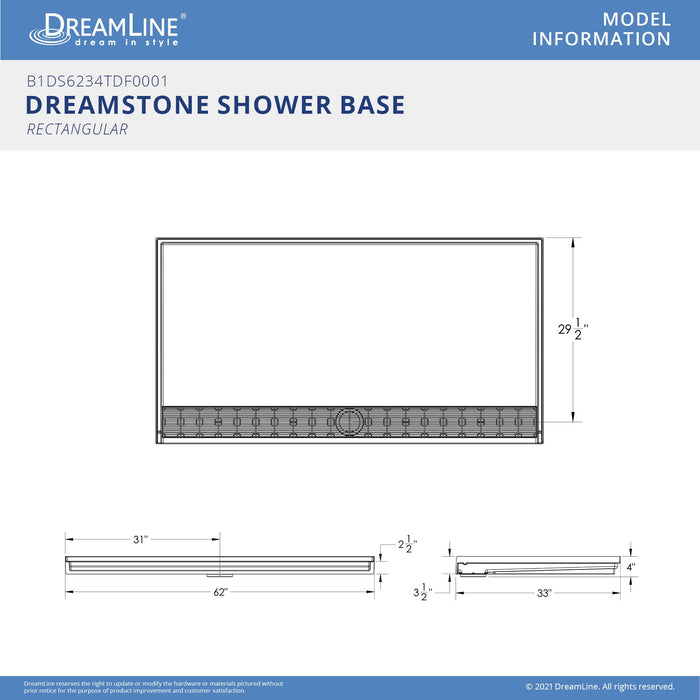 DreamLine B1DS6234TDF0001 DreamStone 33"D x 62"W x 3 1/2"H Front Drain Single Threshold Shower Base in White