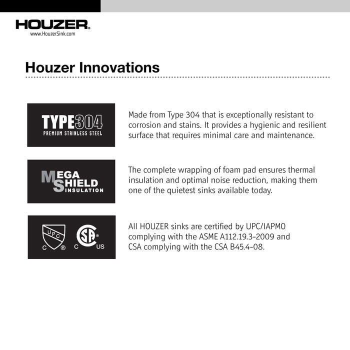 Houzer BCD-3322 Bellus 33" Stainless Steel Drop-in Topmount 1-Hole 60/40 Double Bowl Kitchen Sink