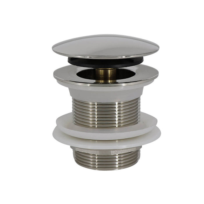 Dome style EZ-Click bath tub drain without overflow in brushed nickel finish.