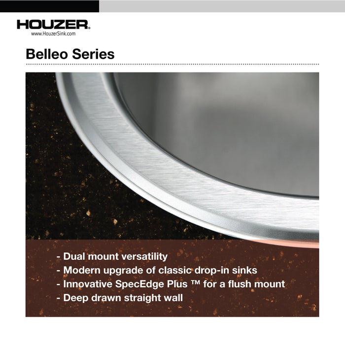 Houzer BSS-2309 Belleo 23" Stainless Steel Drop-in Topmount Single Bowl Kitchen Sink with Strainer & Grid
