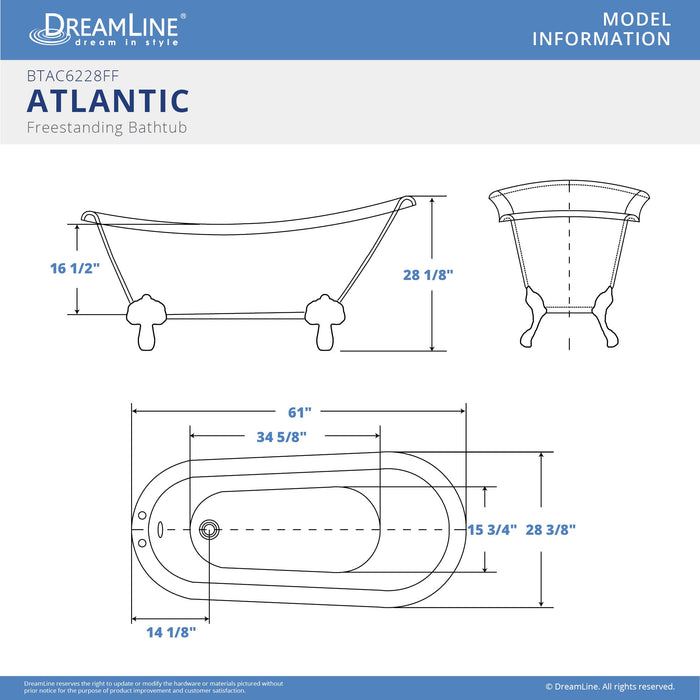 DreamLine BTAC6228FFXXF00 Atlantic 61" L x 28"H Acrylic Freestanding Bathtub with White Finish