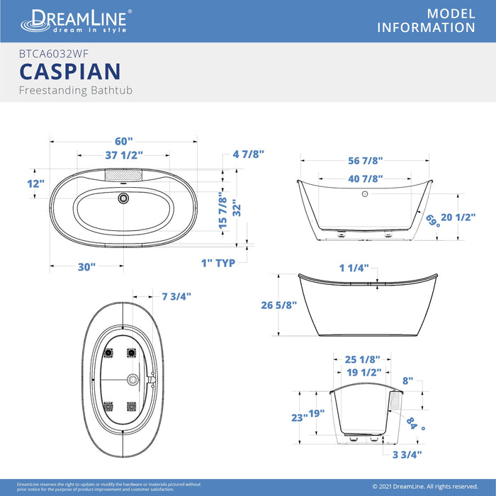 DreamLine BTCA6032WFXXC00 Caspian 60" x 32" Freestanding Double Slipper 2-Person Oval Bathtub in White