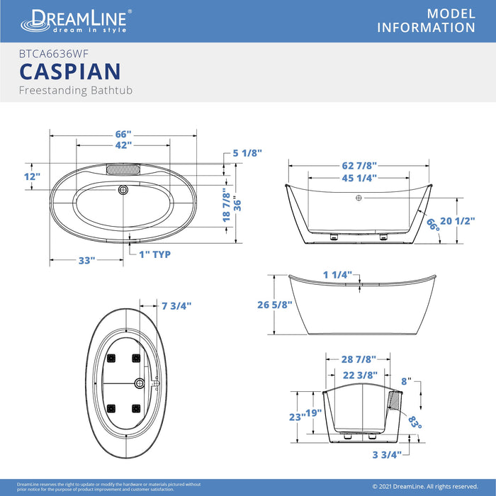 DreamLine BTCA6636WFXXC00 Caspian 66" x 36" Freestanding Double Slipper 2-Person Oval Bathtub in White