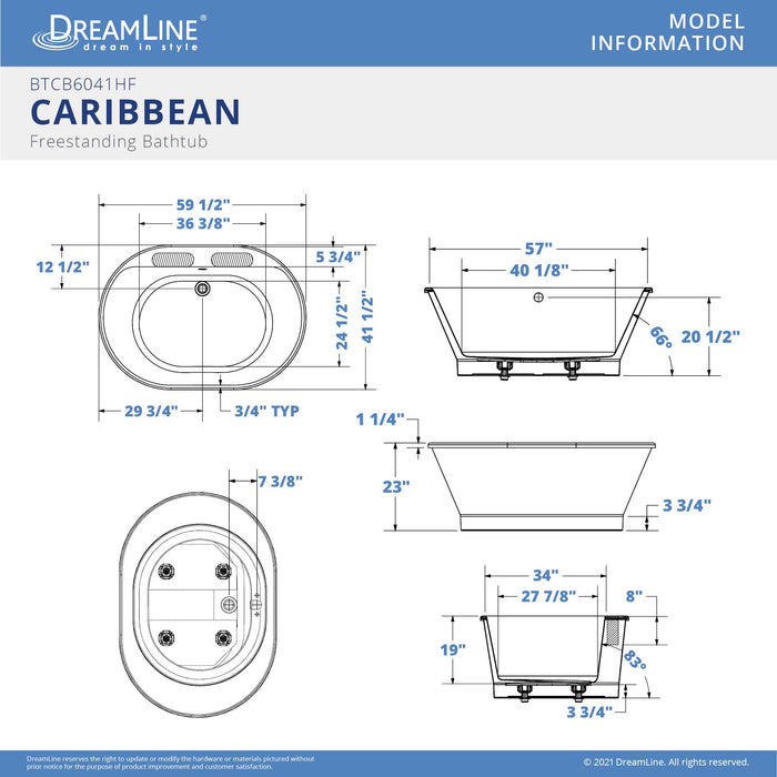 DreamLine BTCB6041HFXXC00 Caribbean 60" x 42" Freestanding Oval 44 Gallon Soaking Bathtub in White