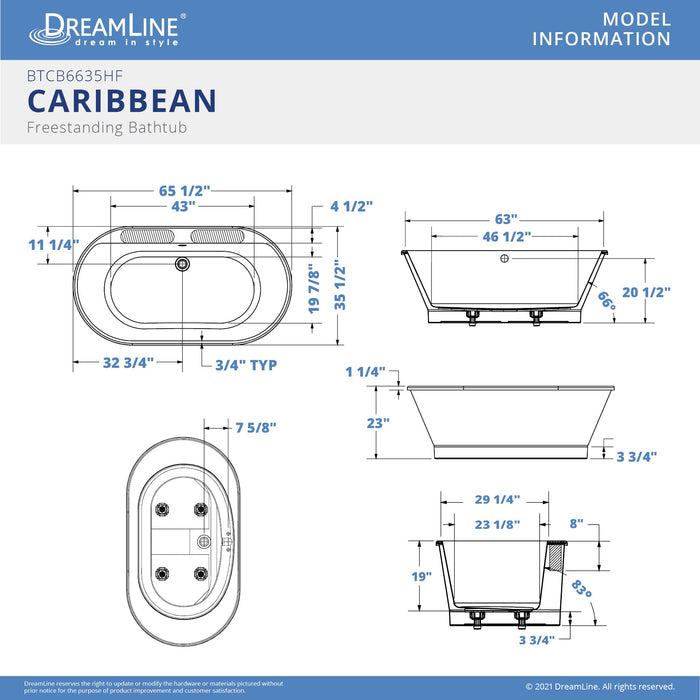 DreamLine BTCB6635HFXXC00 Caribbean 66" x 36" Freestanding Oval 48 Gallon Soaking Bathtub in White