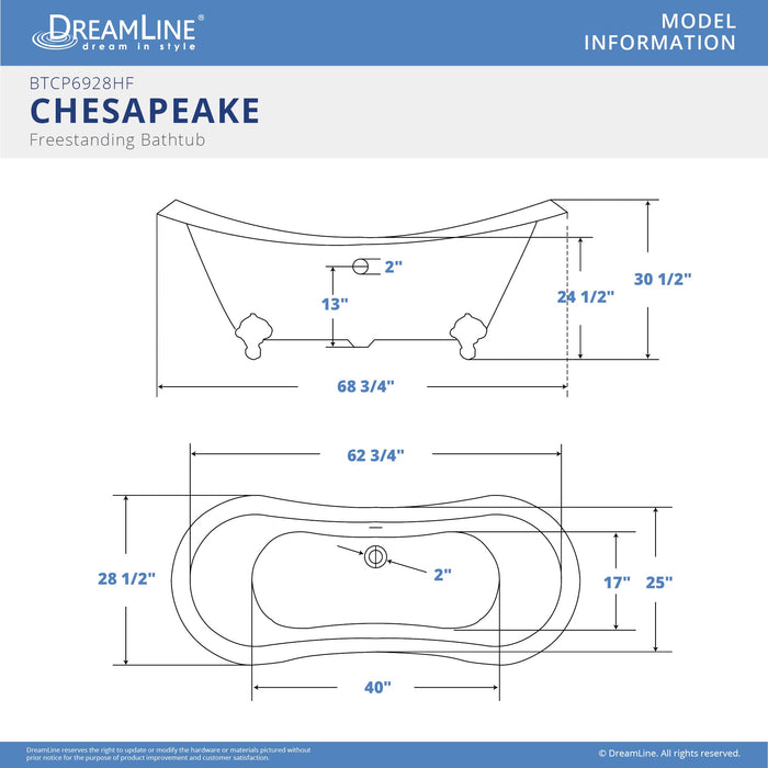 DreamLine BTCP6928HFXXC00 Chesapeake 69" L x 31"H Acrylic Freestanding Bathtub with White Finish