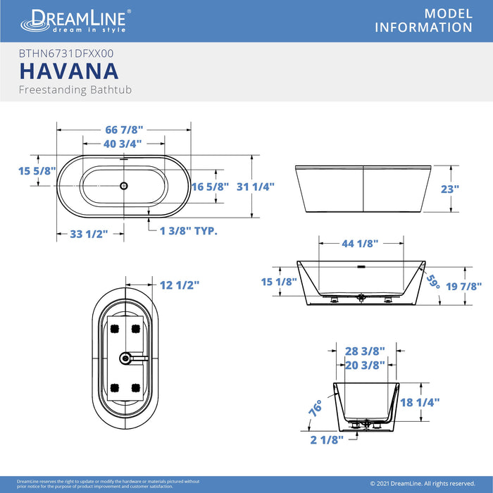 DreamLine BTHN6731DFXX00 Havana 67"W x 31"D Acrylic Freestanding Bathtub in White