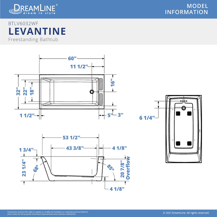 DreamLine BTLV6032WFXXF00 Levantine 60" x 32" Classic Rectangular Freestanding Bathtub in White, 59 Gallons