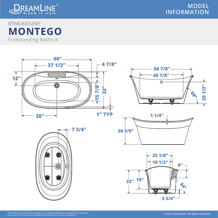 DreamLine BTMO6032WFXXC00 Montego 60" x 32" Freestanding Double Slipper 2-Person Oval Bathtub in White