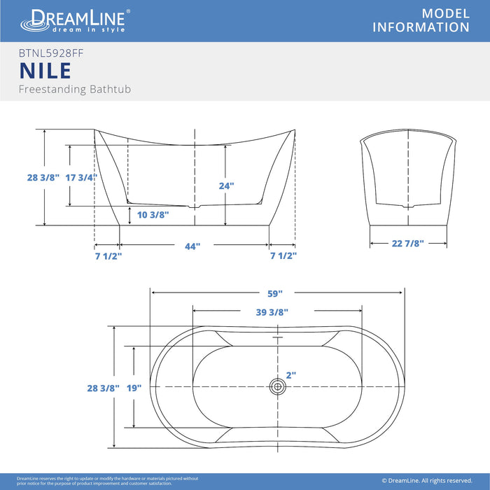 DreamLine BTNL5928FFXXC00 Nile 59" L x 28"H Acrylic Freestanding Bathtub with White Finish