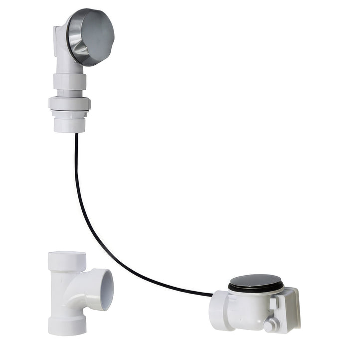Schedule 40 PVC cable operated bath waste and overflow drain with patented flexible overflow neck for 12" to 22" tub depths in white.