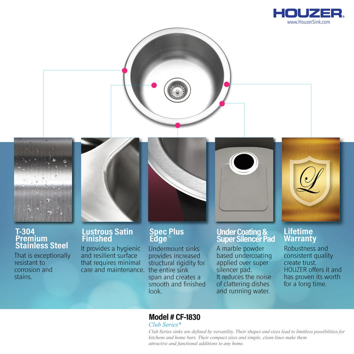Houzer CF-1830-1 Club 18" Stainless Steel Undermount Single Round Bowl Bar Sink with Strainer
