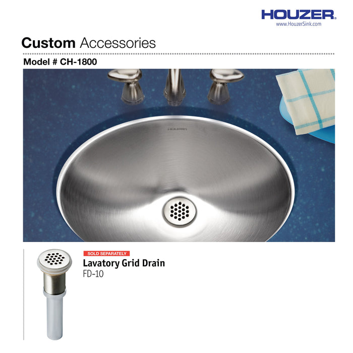 Houzer CH-1800-1 Opus 18" Stainless Steel Undermount Oval Bowl Bathroom Sink without Overflow