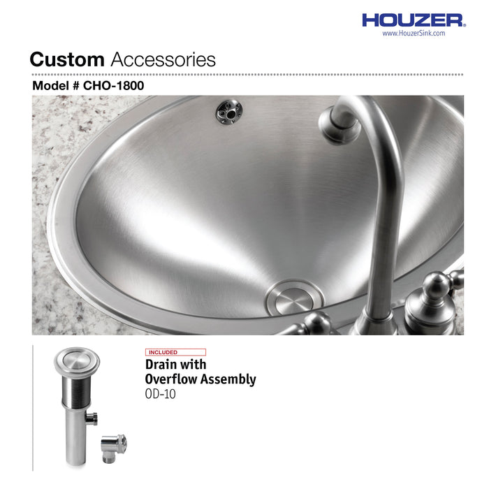Houzer CHO-1800-1 Opus 18" Stainless Steel Undermount Oval Bowl Bathroom Sink with Overflow Drain Assembly