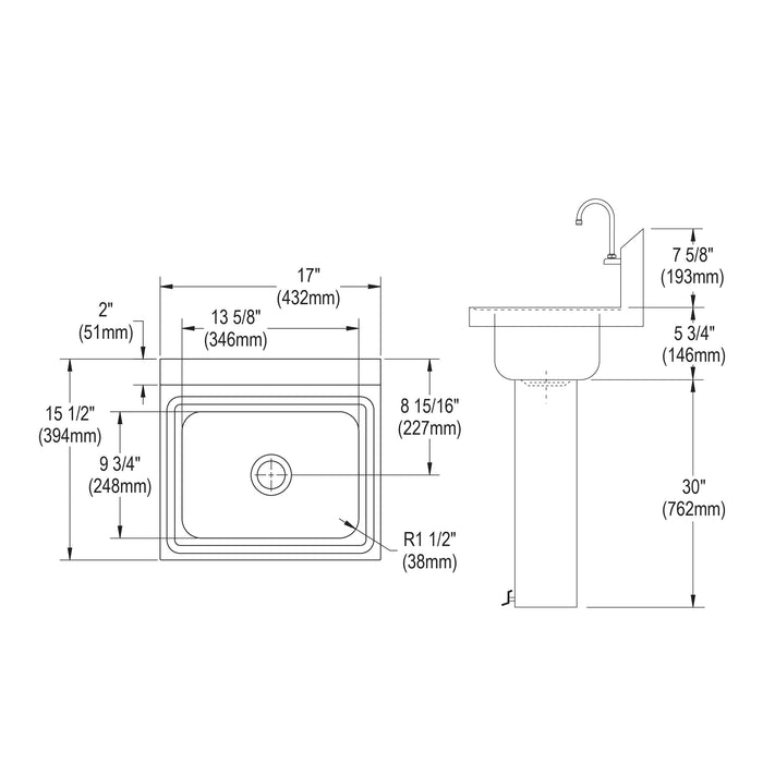 Elkay CHSP1716C 16-3/4" x 15-1/2" Stainless Steel 1-Hole Single-Bowl Scullery Commercial Sink Kit in Buffed Satin