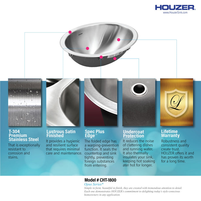 Houzer CHT-1800-1 Opus 18" Stainless Steel Drop-in Oval Bathroom Sink without Overflow