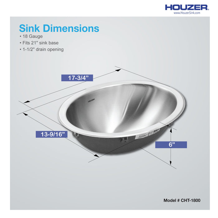 Houzer CHT-1800-1 Opus 18" Stainless Steel Drop-in Oval Bathroom Sink without Overflow