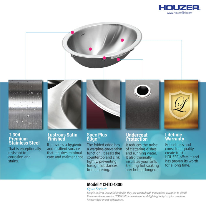 Houzer CHTO-1800-1 Opus 18" Stainless Steel Drop-in Oval Bowl Bathroom Sink with Overflow Drain Assembly