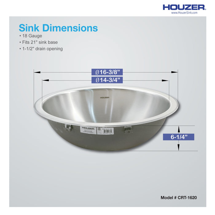 Houzer CRT-1620-1 Opus 16" Stainless Steel Drop-in Topmount Round Bowl Bathroom Sink without Overflow