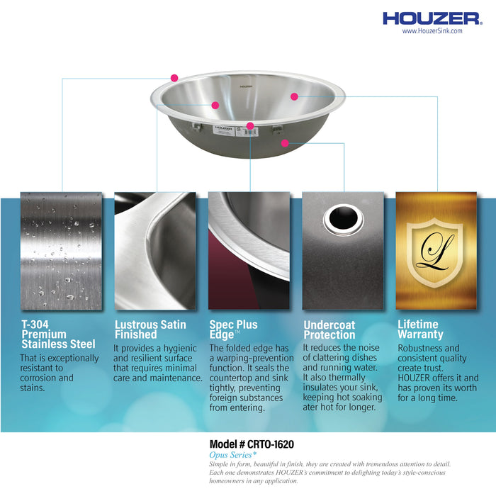 Houzer CRTO-1620-1 Opus 16" Stainless Steel Drop-in Topmount Bathroom Sink with Overflow Drain Assembly