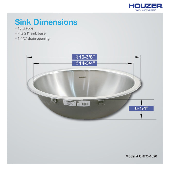 Houzer CRTO-1620-1 Opus 16" Stainless Steel Drop-in Topmount Bathroom Sink with Overflow Drain Assembly
