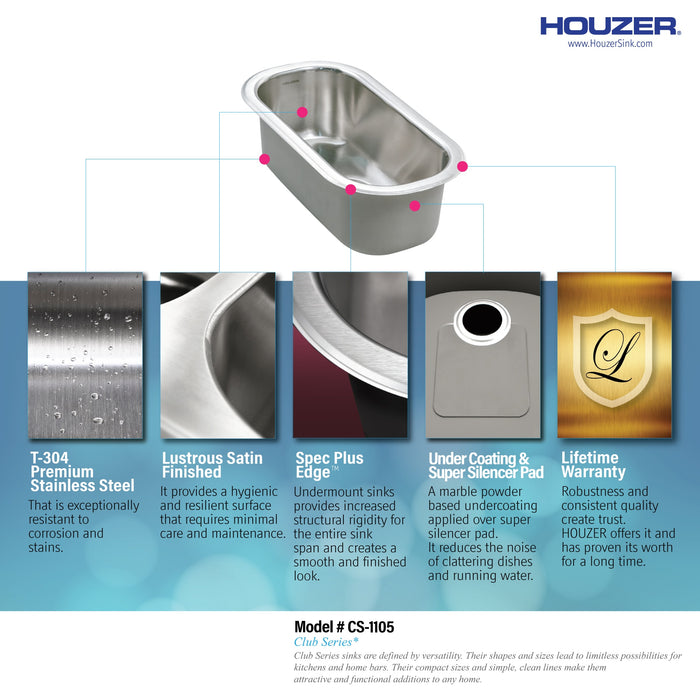 Houzer CS-1105-1 Club 10" Stainless Steel Undermount Compact Single Bowl Bar Sink with Strainer