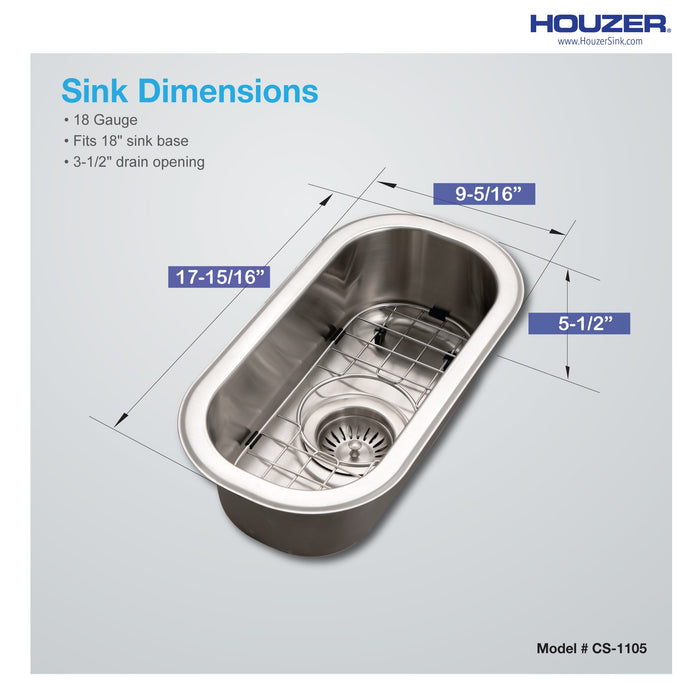 Houzer CS-1105-1 Club 10" Stainless Steel Undermount Compact Single Bowl Bar Sink with Strainer