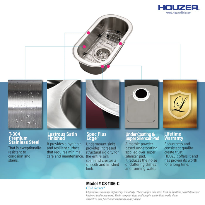 Houzer CS-1105-C Club 10" Stainless Steel Undermount Compact Bar and Prep Sink with Strainer & Bottom Grid