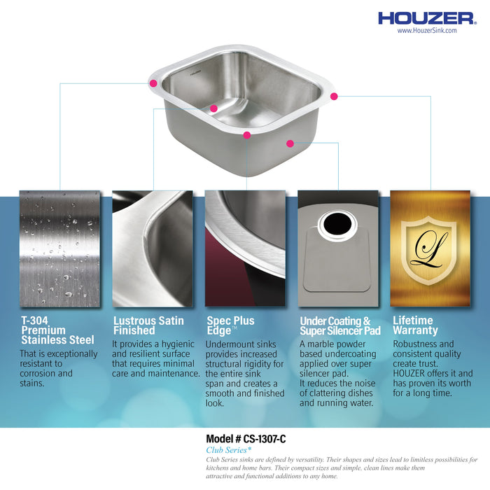 Houzer CS-1307-C Club 13" Stainless Steel Undermount Small Bar and Prep Sink with Strainer & Bottom Grid