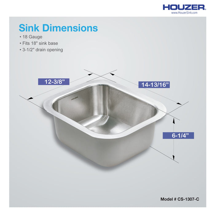 Houzer CS-1307-C Club 13" Stainless Steel Undermount Small Bar and Prep Sink with Strainer & Bottom Grid