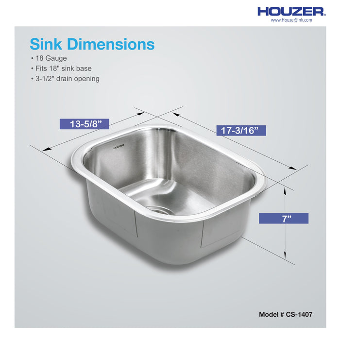 Houzer CS-1407-1 Club 14" Stainless Steel Undermount Medium Bar and Prep Sink with Strainer