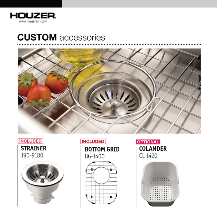 Houzer CS-1407-C Club 14" Stainless Steel Undermount Medium Bar and Prep Sink with Strainer & Bottom Grid