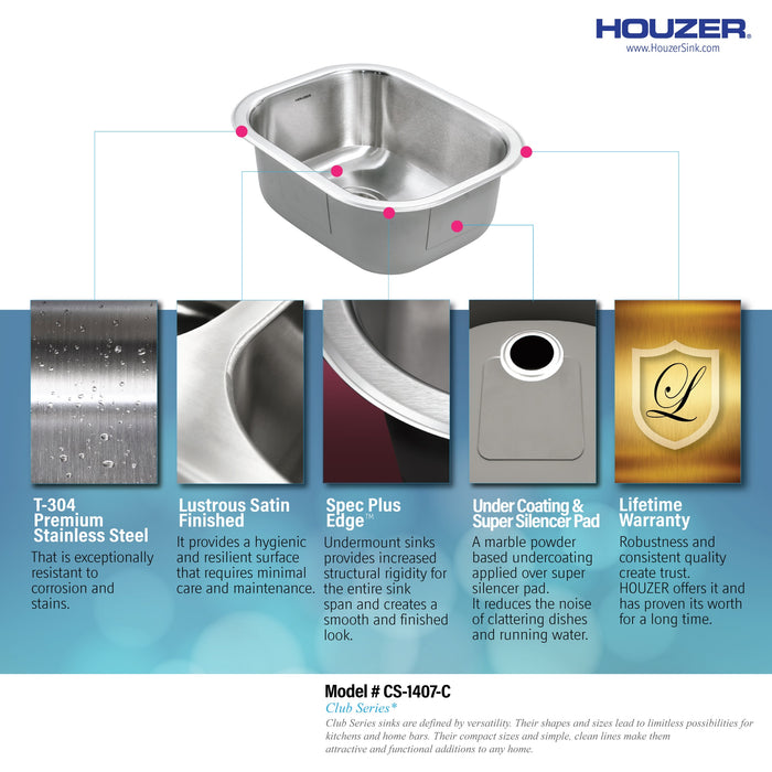 Houzer CS-1407-C Club 14" Stainless Steel Undermount Medium Bar and Prep Sink with Strainer & Bottom Grid