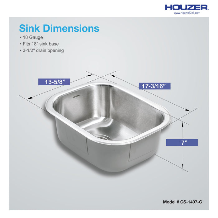 Houzer CS-1407-C Club 14" Stainless Steel Undermount Medium Bar and Prep Sink with Strainer & Bottom Grid