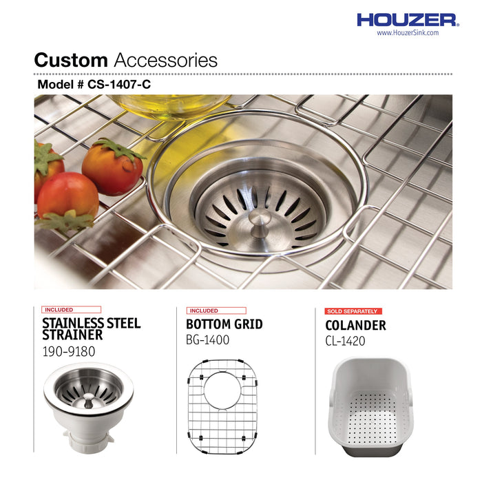Houzer CS-1407-C Club 14" Stainless Steel Undermount Medium Bar and Prep Sink with Strainer & Bottom Grid
