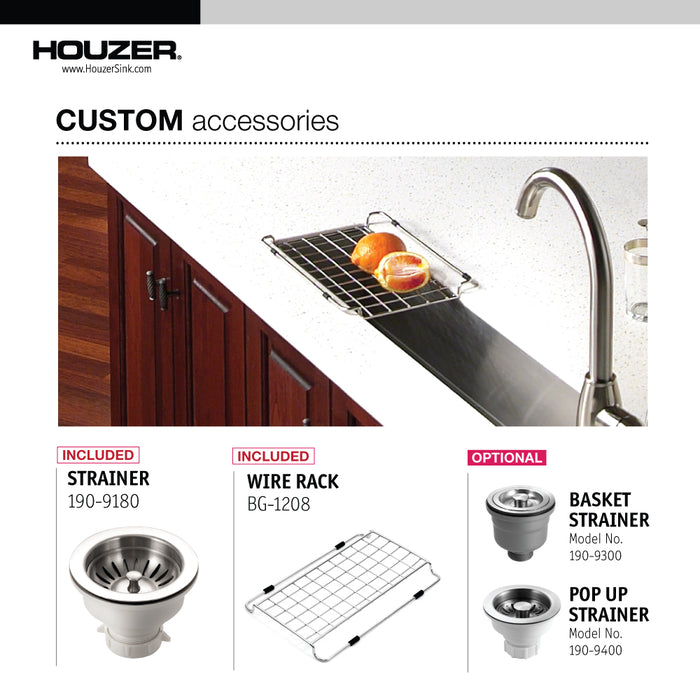 Houzer CTB-3285 Contempo Trough 32" Stainless Steel Undermount Single Bowl Bar Sink with Strainer & Grid