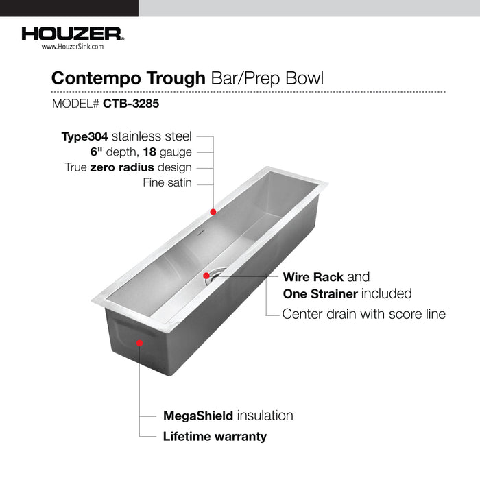 Houzer CTB-3285 Contempo Trough 32" Stainless Steel Undermount Single Bowl Bar Sink with Strainer & Grid