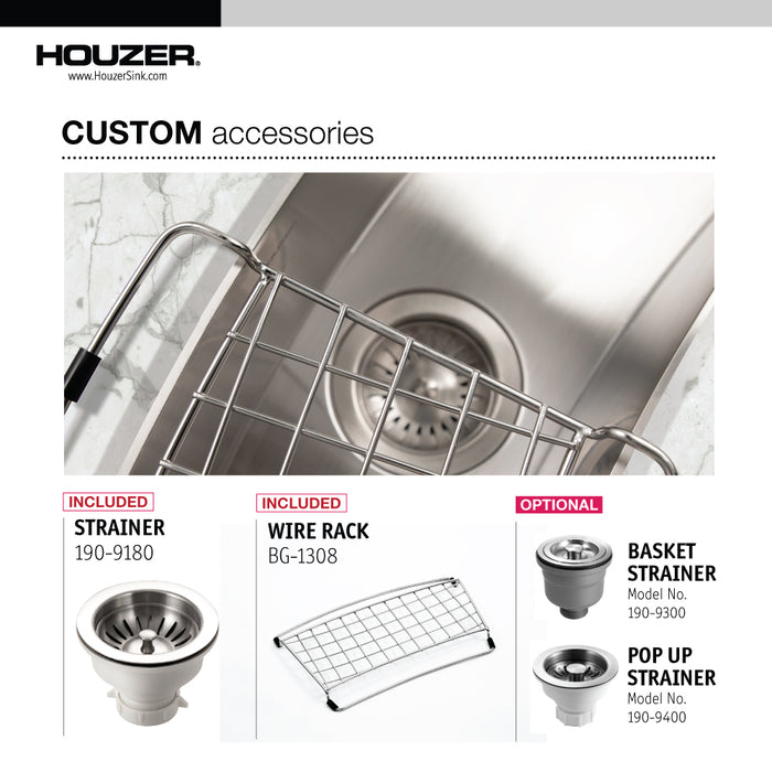Houzer CTC-3312 Contempo Trough 33" Undermount Single Curved Bowl Bar Sink with Strainer & Grid