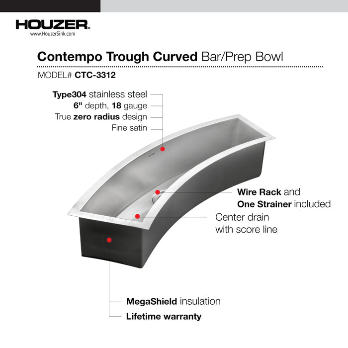 Houzer CTC-3312 Contempo Trough 33" Undermount Single Curved Bowl Bar Sink with Strainer & Grid