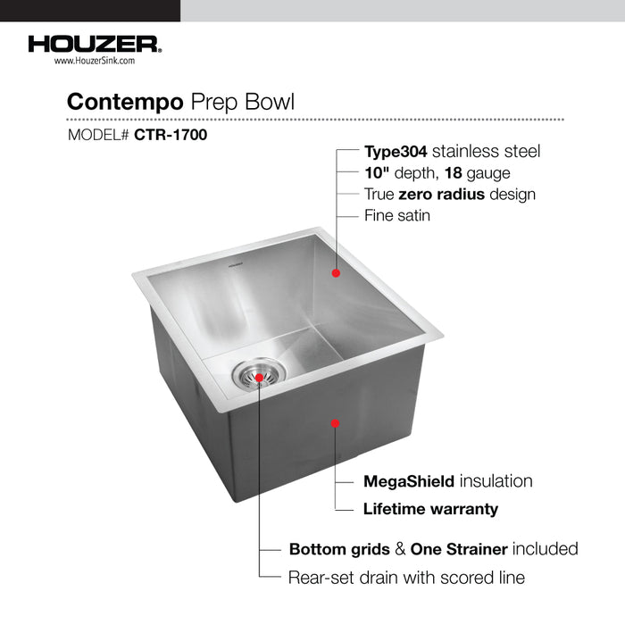 Houzer CTR-1700 Contempo 17" Stainless Steel Undermount Single Bowl Bar Sink with Strainer & Grid