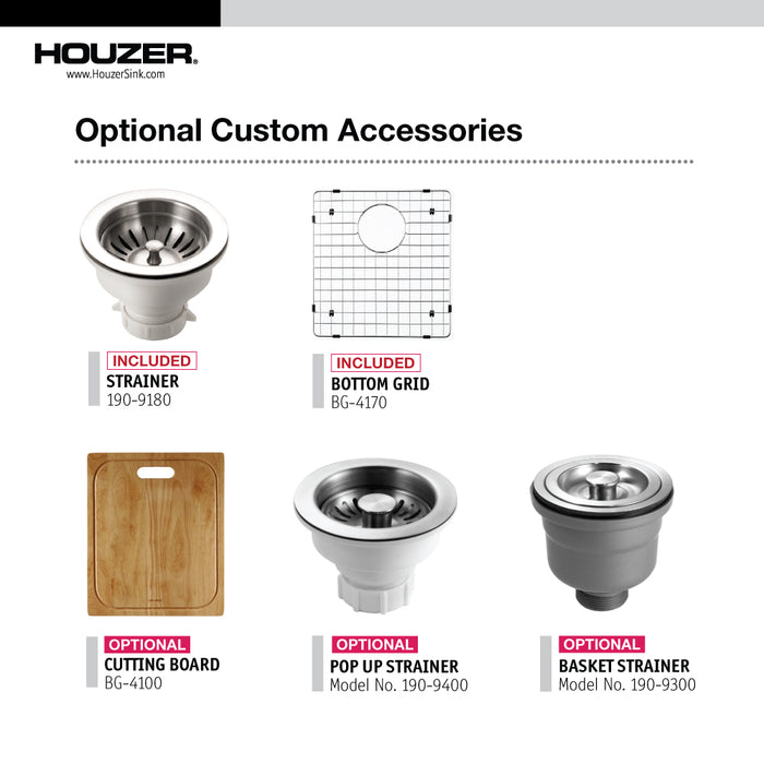 Houzer CTR-1700 Contempo 17" Stainless Steel Undermount Single Bowl Bar Sink with Strainer & Grid