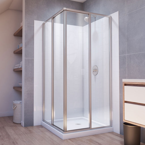 DreamLine E2813636XXQ0004 Cornerview Sliding Shower Enclosure, Base,, White Wall Kit in Brushed Nickel