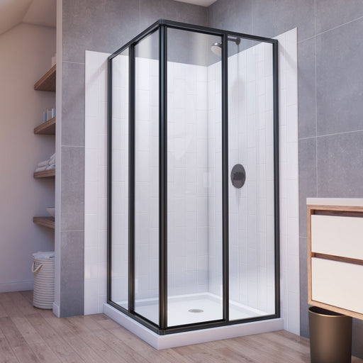 DreamLine E2813636XXQ0009 Cornerview Sliding Shower Enclosure, Base,, White Wall Kit in Satin Black