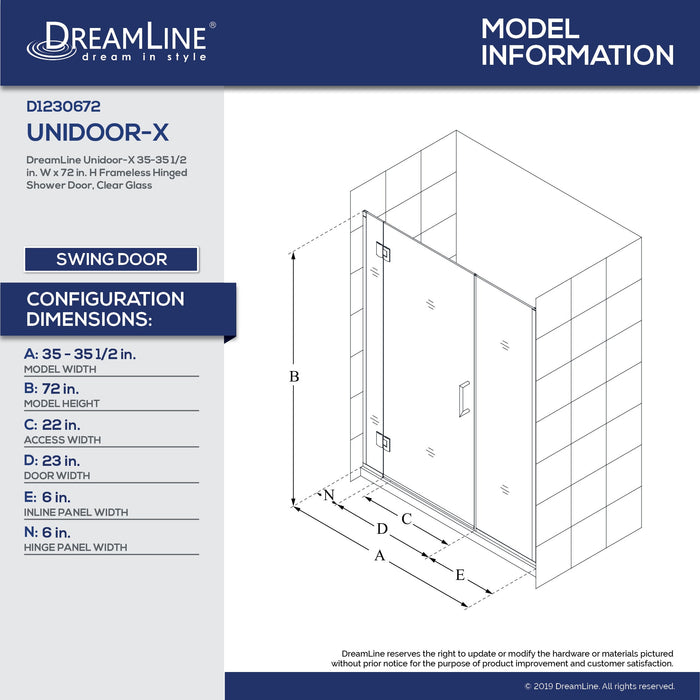 DreamLine D1230672-01 Unidoor-X 35-35 1/2"W x 72"H Frameless Hinged Shower Door in Chrome
