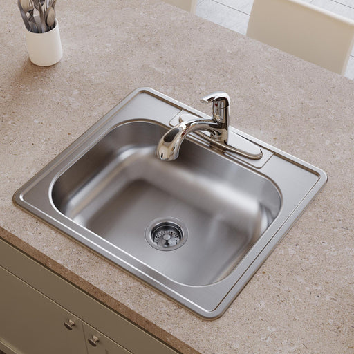 Stainless steel single-bowl sink installed with a faucet