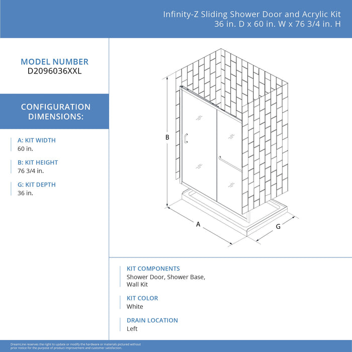 DreamLine D2096036XXL0004 Infinity-Z 36"D x 60"W x 78 3/4"H Sliding Shower Door, Base, and White Wall Kit in Brushed Nickel and Clear Glass